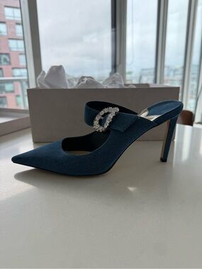 Jimmy Choo Denim Pointed-Toe Stiletto Mule with Crystal Buckle